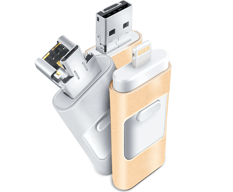 Fitlybuy PhoneStick multi-connector gold and silver backup drives with USB, Lightning, and micro-USB ports.