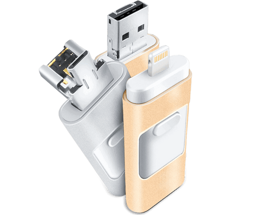 Fitlybuy PhoneStick multi-connector gold and silver backup drives with USB, Lightning, and micro-USB ports.