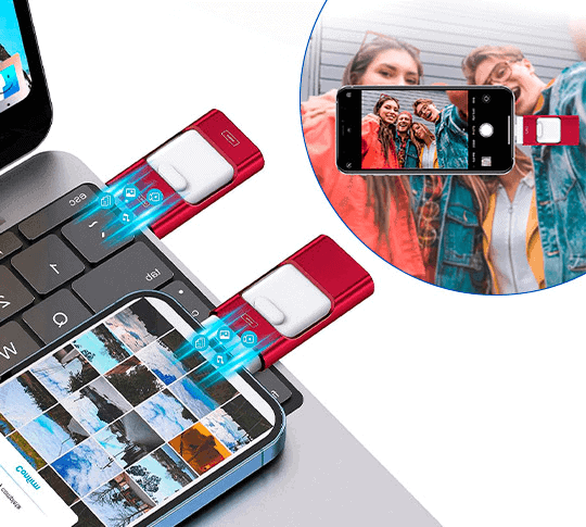 Red Fitlybuy PhoneStick flash drive backing up photos and videos from a smartphone to a laptop.