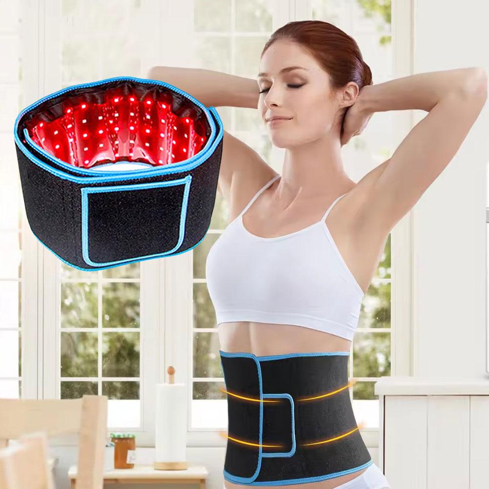 Fitlybuy red light therapy belt in black with blue trim, shown worn by a woman to demonstrate infrared slimming.