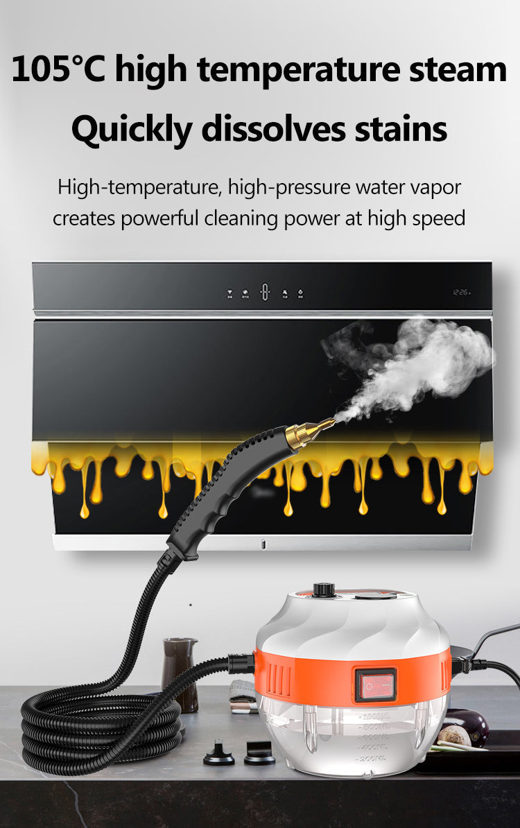 Fitlybuy 2800W steam cleaner with orange-and-white base, spraying high-pressure steam at a greasy kitchen range hood.