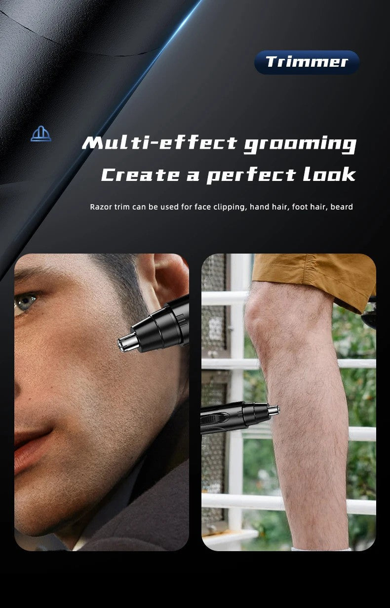 Black Fitlybuy nose and ear hair trimmer shown in use on a man's face and leg for multi-purpose grooming.