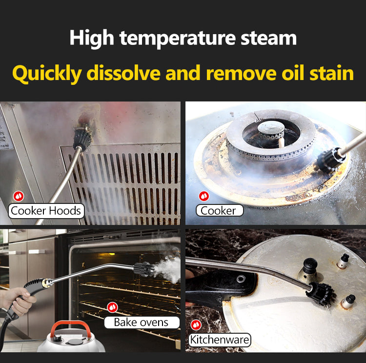 Fitlybuy 2800W steam cleaner with metal nozzle cleaning cooker hoods, stoves, ovens, and pots with high-temp steam.