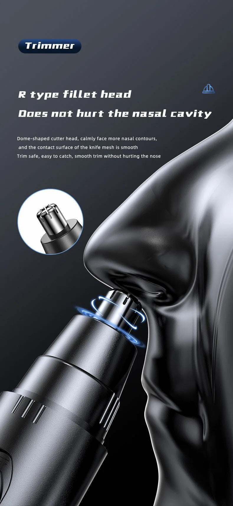 Fitlybuy matte black nose and ear hair trimmer with an R-type safety head, showing painless grooming in a human nose.