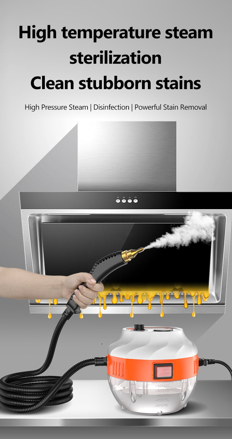 Fitlybuy 2800W steam cleaner in white and orange with nozzle spraying steam at a greasy kitchen range hood.