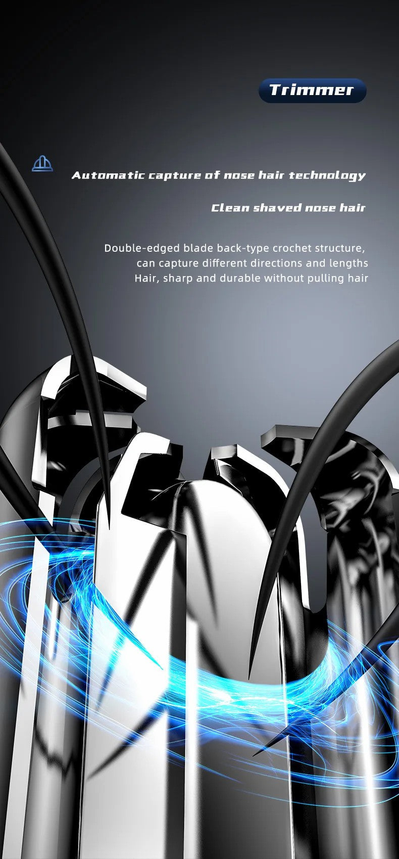 Fitlybuy rechargeable trimmer featuring chrome double-edged blades capturing nose hair with blue light motion graphics.