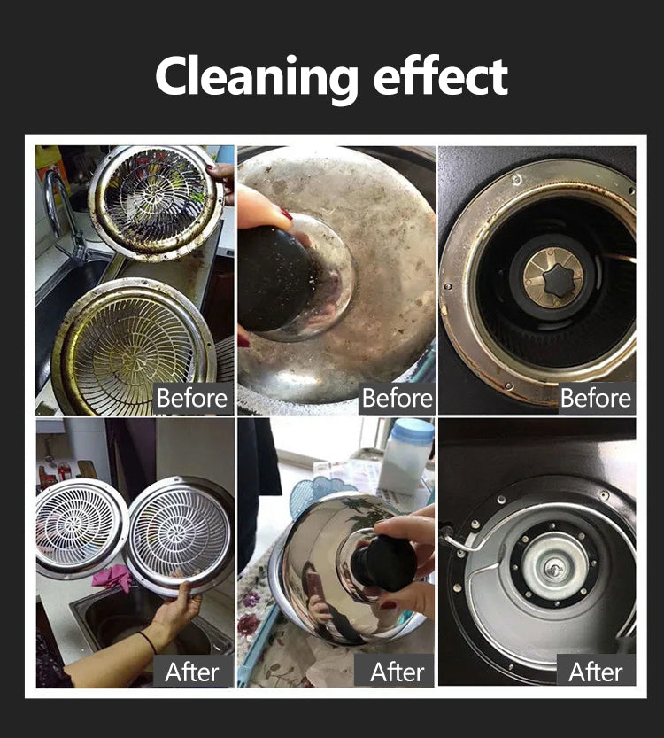 Before and after images showing the Fitlybuy 2800W steam cleaner removing grease from metal kitchen parts and stovetops.