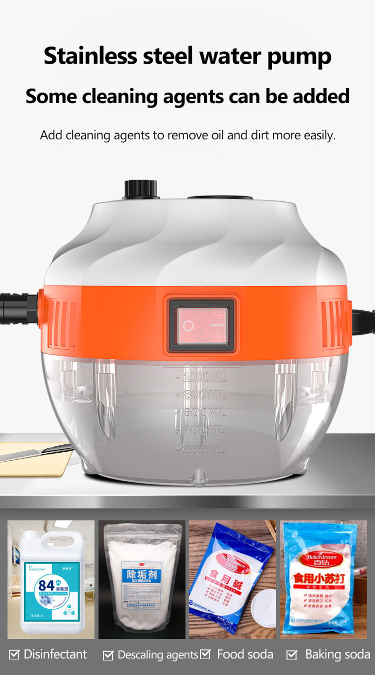 Fitlybuy 2800W orange and white steam cleaner with clear water tank, plus examples of compatible cleaning agents.