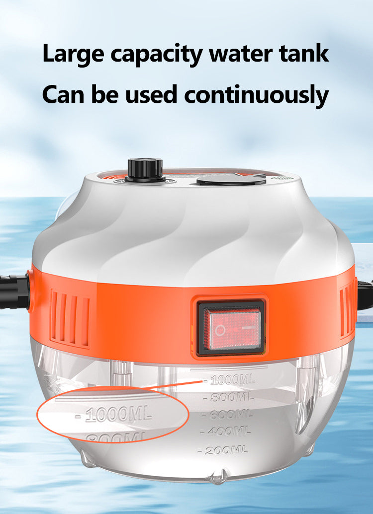 Fitlybuy 2800W steam cleaner features a white and orange body with a transparent, graduated 1000ml water tank.