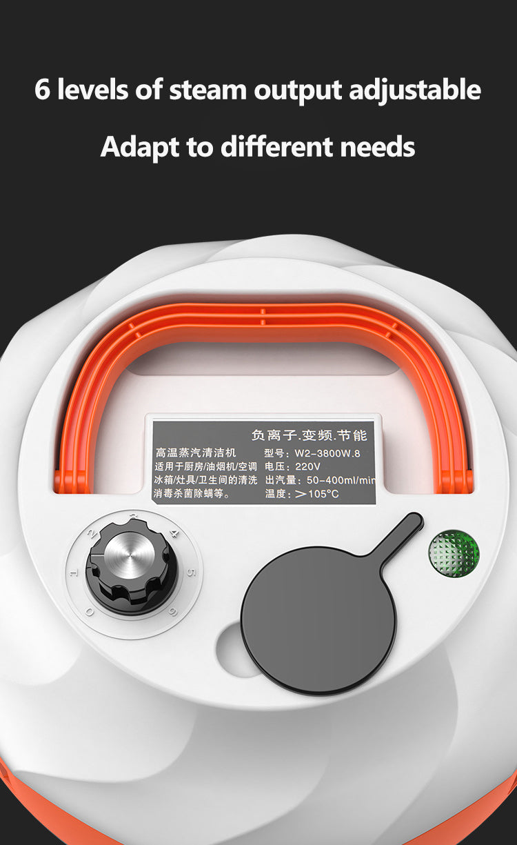 White Fitlybuy steam cleaner top view with orange handle, 6-level steam dial, and information label on black background.