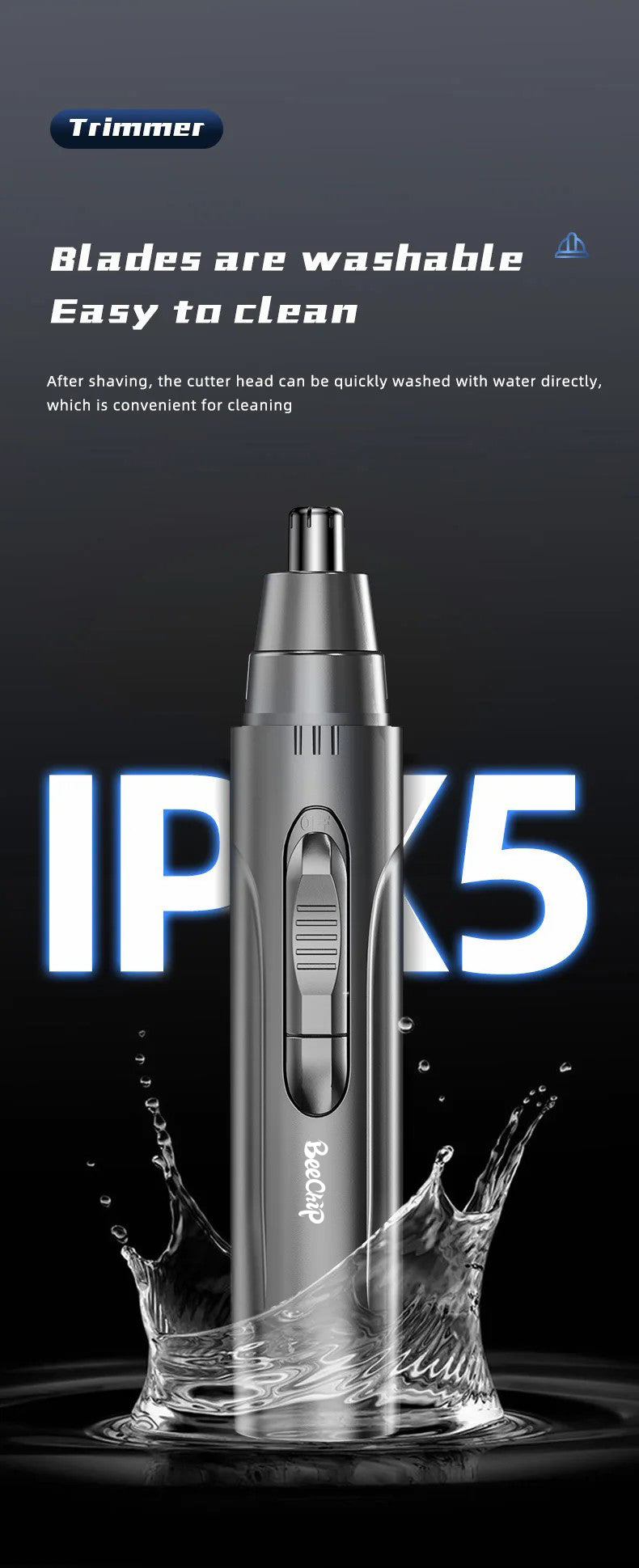 Gray Fitlybuy rechargeable nose and ear hair trimmer featuring a washable IPX5 waterproof design with splash effect.