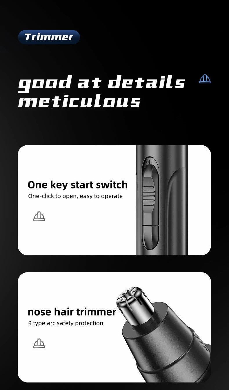 Black Fitlybuy nose and ear hair trimmer featuring a one-click switch and a safety arc-protected grooming blade.