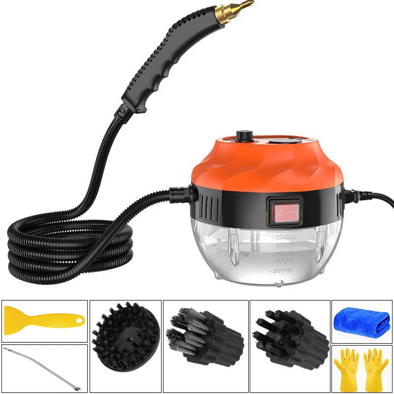 Fitlybuy 2800W steam cleaner with orange/black base, hose, nozzle, and various cleaning brushes and accessories.