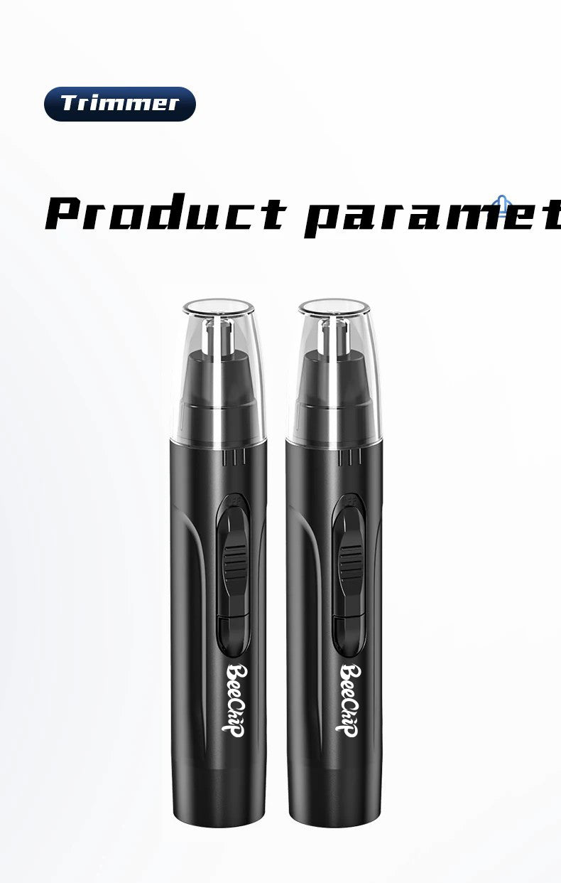 Two matte black Fitlybuy rechargeable nose and ear trimmers with clear protective caps, side switch, and brand logo.
