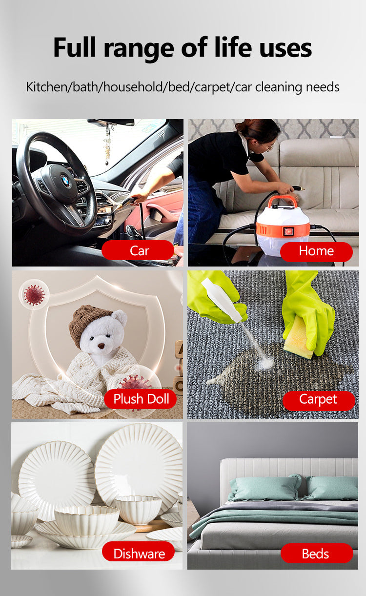 Fitlybuy 2800W orange-and-white steam cleaner used for cleaning cars, furniture, toys, carpets, dishes, and beds.