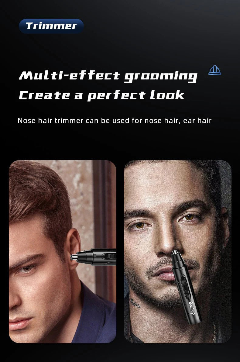 Black Fitlybuy rechargeable nose and ear hair trimmer shown in use on a man’s ear and nose for pain-free grooming.