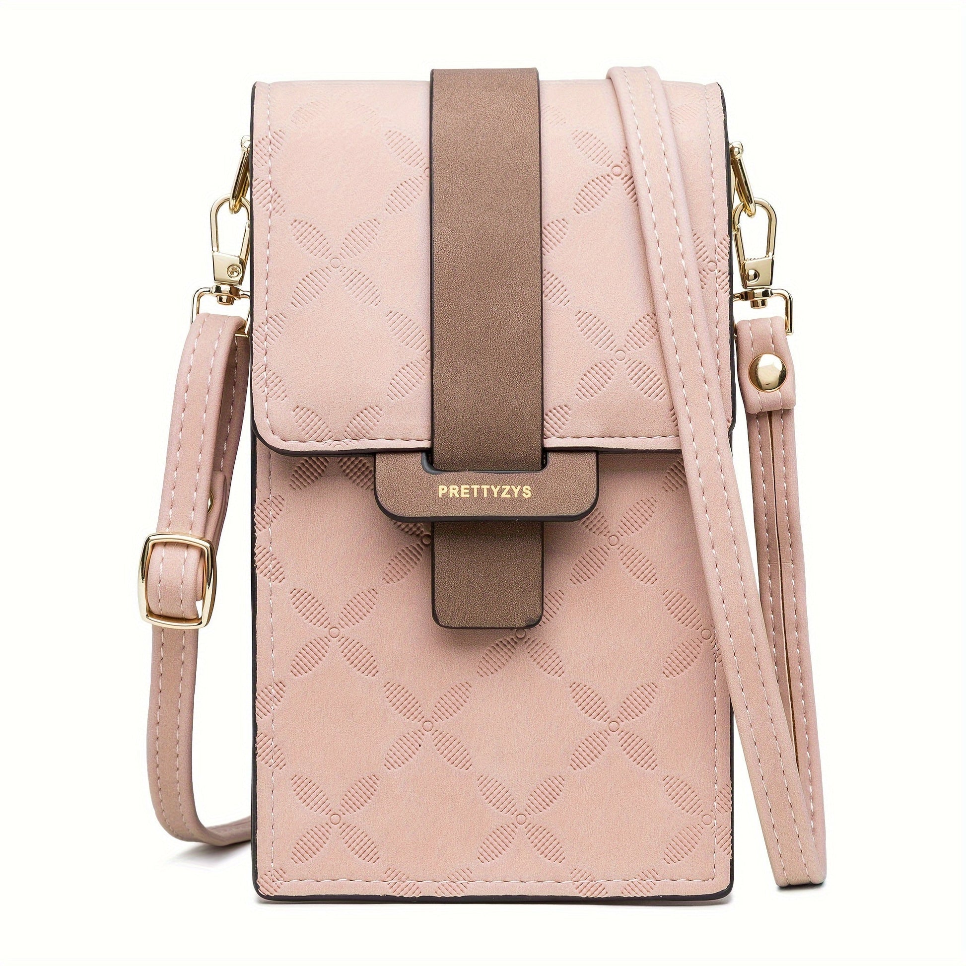 Fitlybuy Lily light pink compact anti-theft crossbody bag with floral texture, brown strap, and gold-tone hardware.