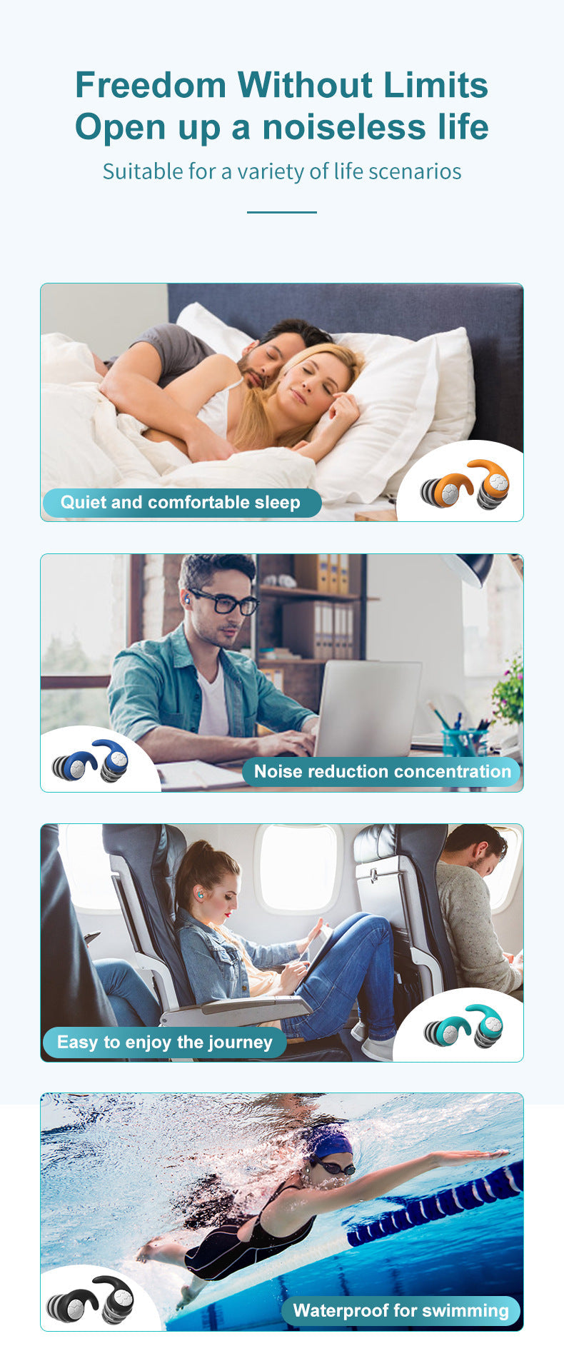 Fitlybuy SleepGuard foam earplugs in orange, blue, teal, and black used for sleep, work, travel, and swimming.