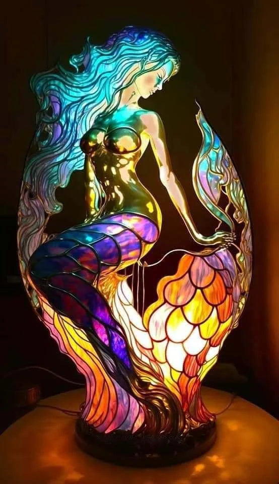 Stained-glass mermaid lamp with ambient, multi-colored light and iridescent flowing hair in a contemporary art style.
