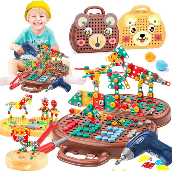 Child playing with Fitlybuy WonderBuild STEM toy kit featuring colorful building pieces, tools, and bear-shaped cases.