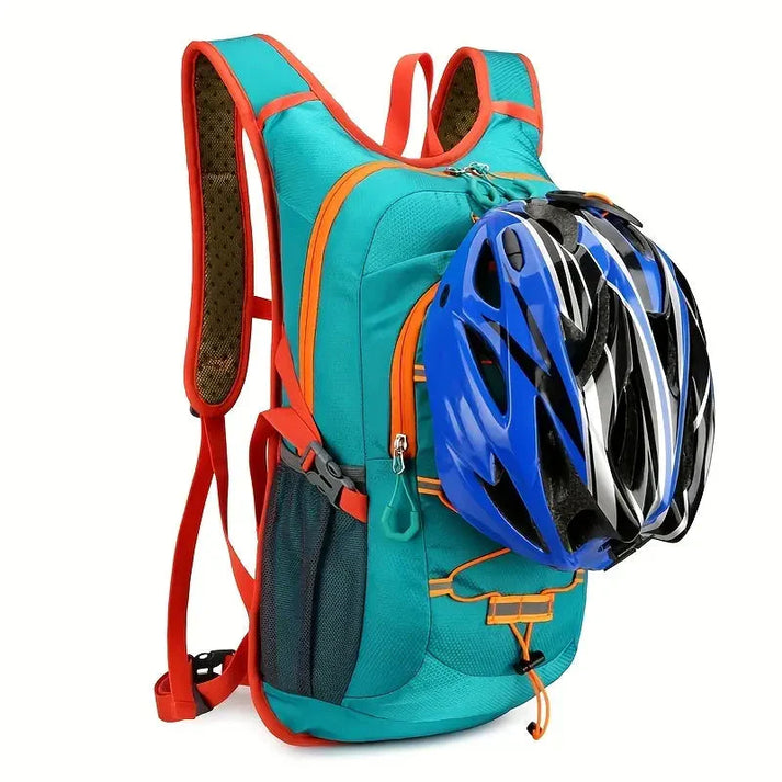 Teal Fitlybuy waterproof bike backpack with orange straps and a blue cycling helmet attached to the front pocket.