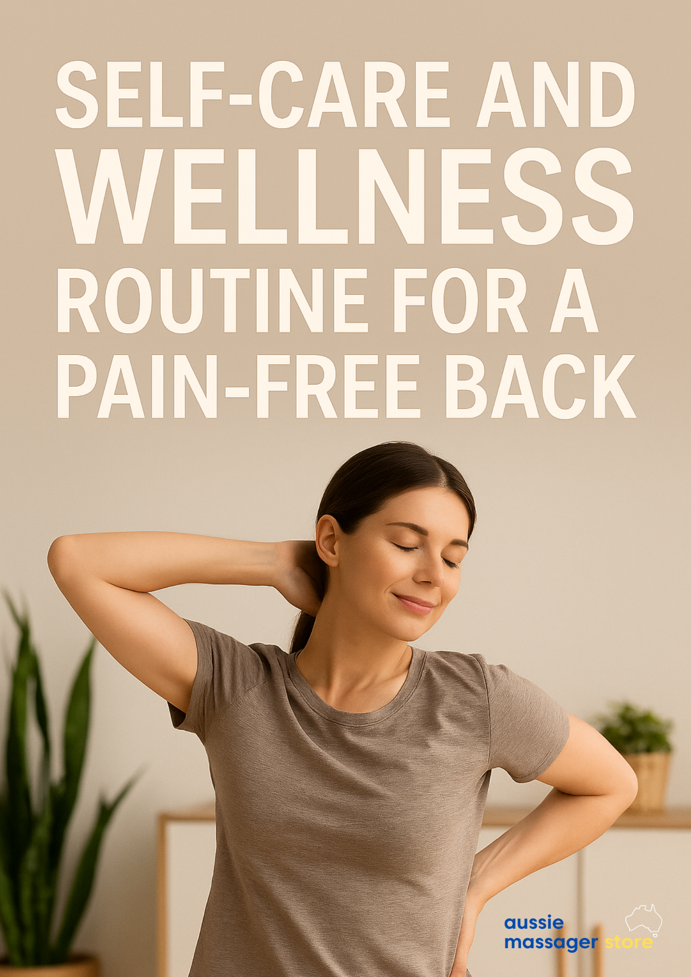 Fitlybuy eBook cover features a woman in a brown shirt stretching her back with the title "Pain-Free Back Routine."