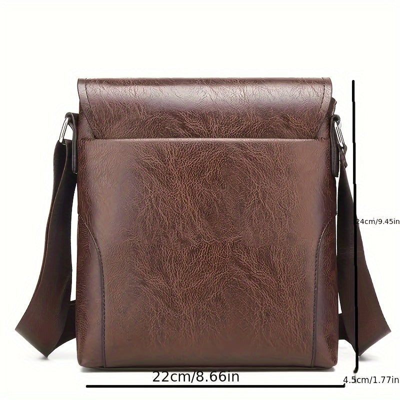 Brown Fitlybuy vintage PU leather shoulder bag with an adjustable strap, featuring dimensions shown in cm and inches.