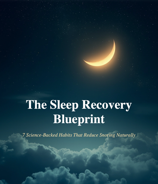 Fitlybuy Sleep Recovery Blueprint eBook cover: crescent moon over dark, starry clouds, text on snoring techniques.