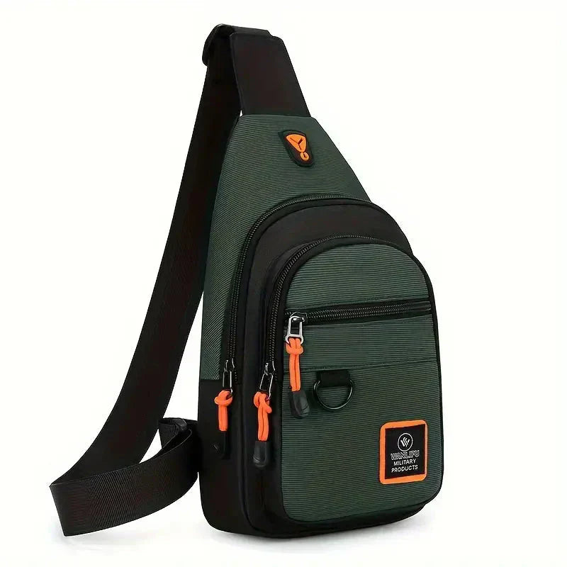 Fitlybuy UrbanTrail olive green crossbody shoulder bag with black accents, front pockets, and bright orange zip pulls.