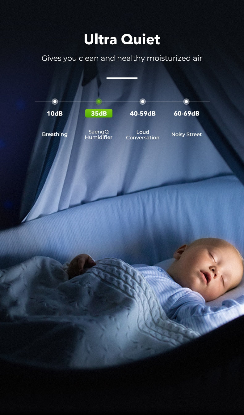 Fitlybuy Aroma Diffuser noise level chart showing 35dB quiet operation, displayed above a baby sleeping in a crib.