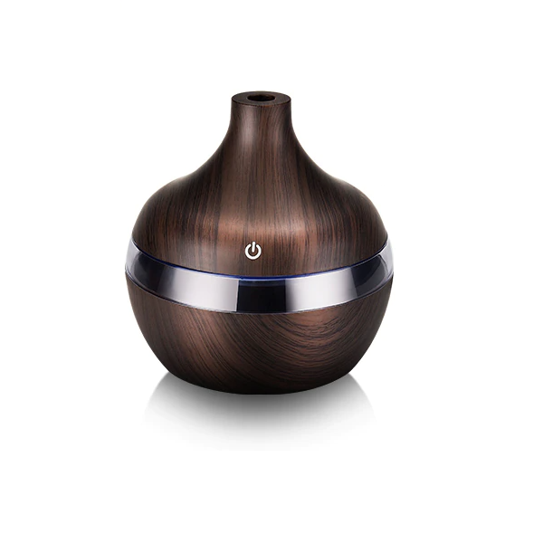 Fitlybuy dark wood grain ultrasonic aroma diffuser with a central light strip and power button on a white background.