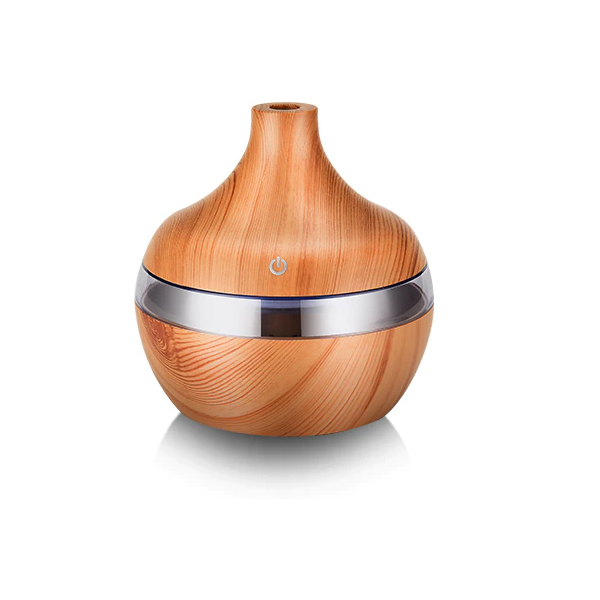 Fitlybuy wood grain ultrasonic aroma diffuser with a centered power button and transparent middle band on white.