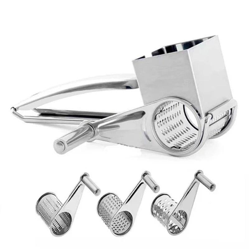 Fitlybuy silver stainless steel rotary cheese grater with handle and three interchangeable metal grating drums.