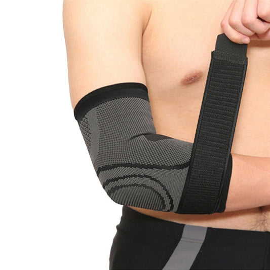 Fitlybuy grey and black elbow compression sleeve with adjustable strap worn on an arm for support.