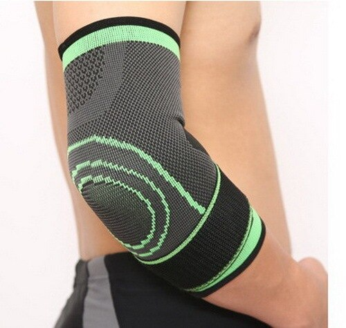 Fitlybuy gray and neon green compression elbow sleeve with knit support texture worn on a person's arm.