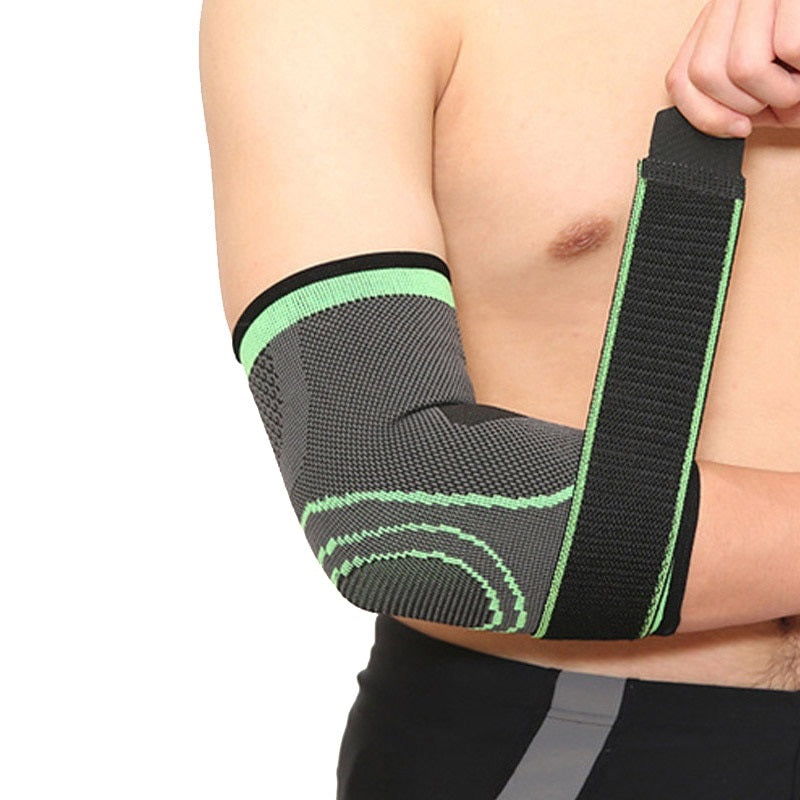 Fitlybuy grey and green elbow compression sleeve with adjustable support strap worn on a man's arm.