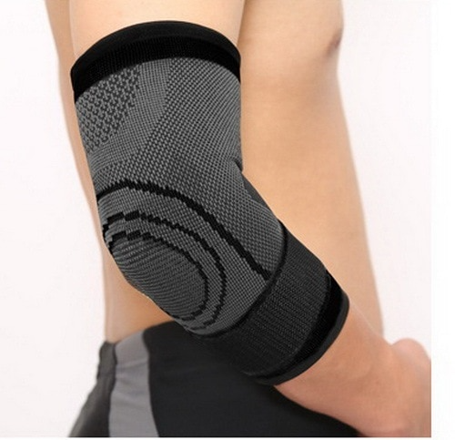 Grey and black Fitlybuy elbow compression sleeve with knitted pattern worn on an arm for joint support.