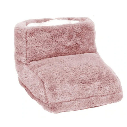 Fitlybuy electric foot warmer in plush dusty rose fabric with a soft white interior, isolated on a white background.