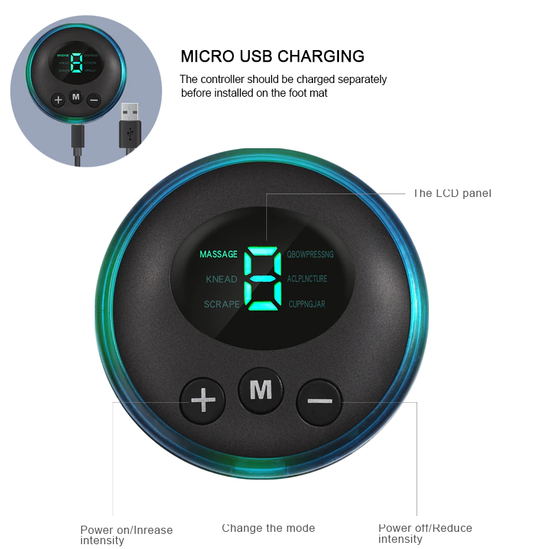 Fitlybuy black circular EMS foot massager controller with green LCD screen, mode buttons, and micro USB charging.