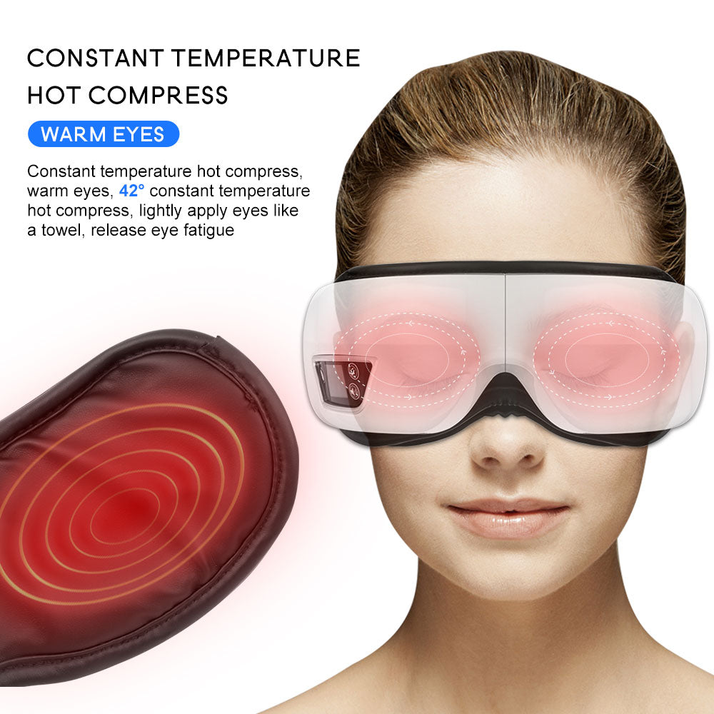 Fitlybuy 4D eye massager with white frame and black lining, featuring air compression and 42°C heating to soothe eyes.
