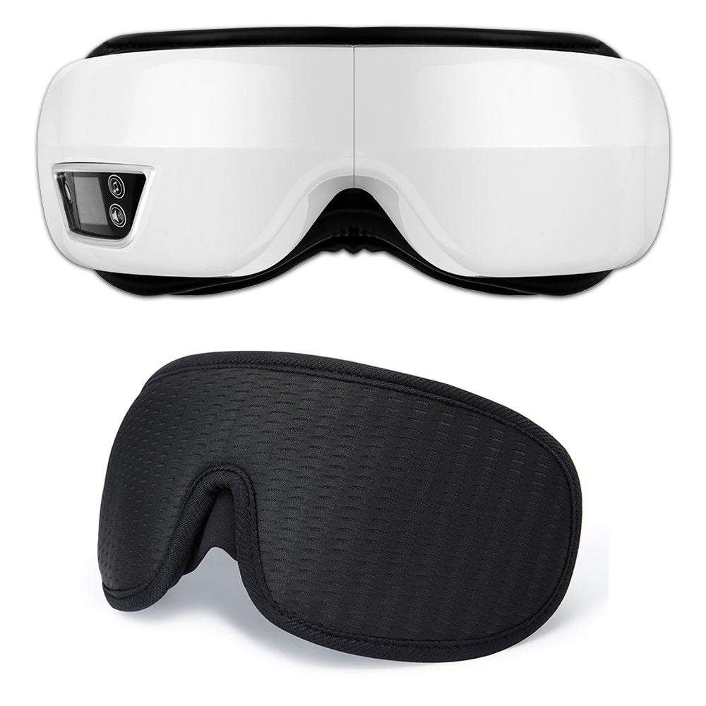 Fitlybuy 4D Eye Massager with white air compression headset, digital display, and a soft black fabric sleep mask.
