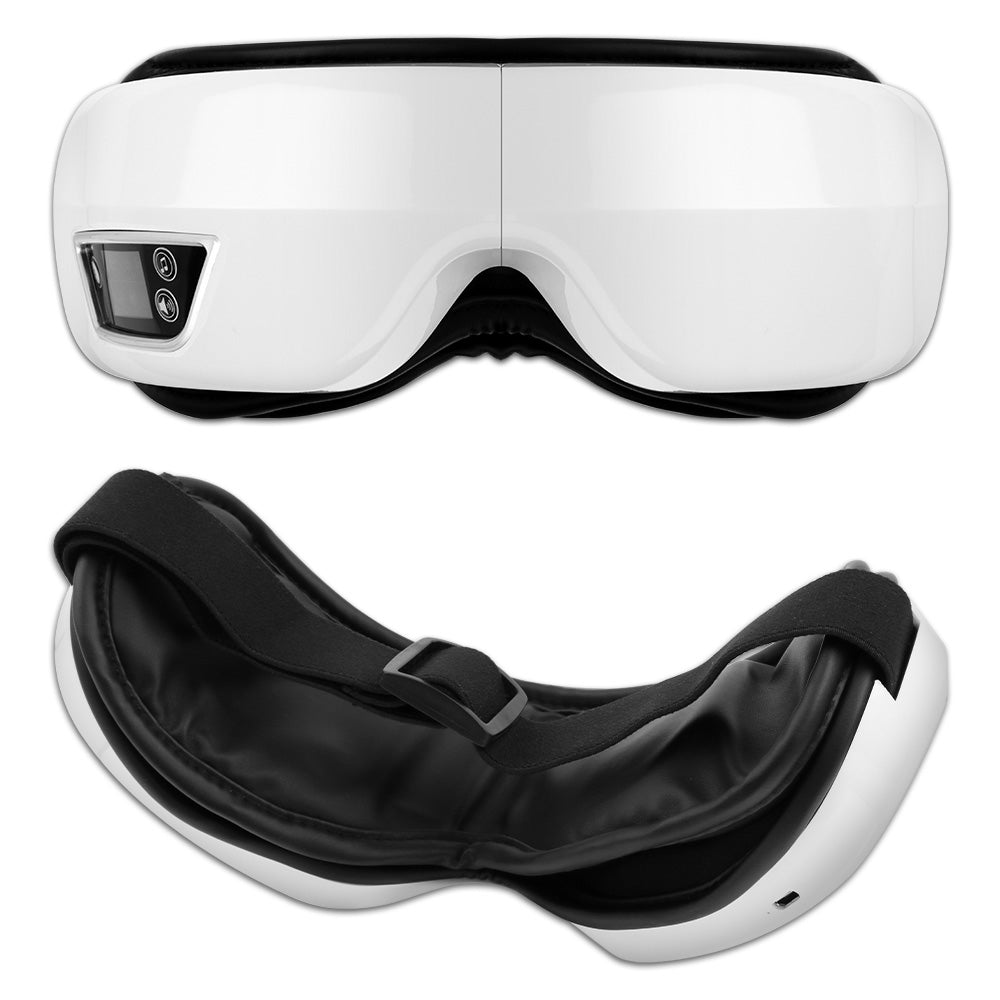 White Fitlybuy 4D Eye Massager with air compression, shown from front and back with adjustable black head strap.