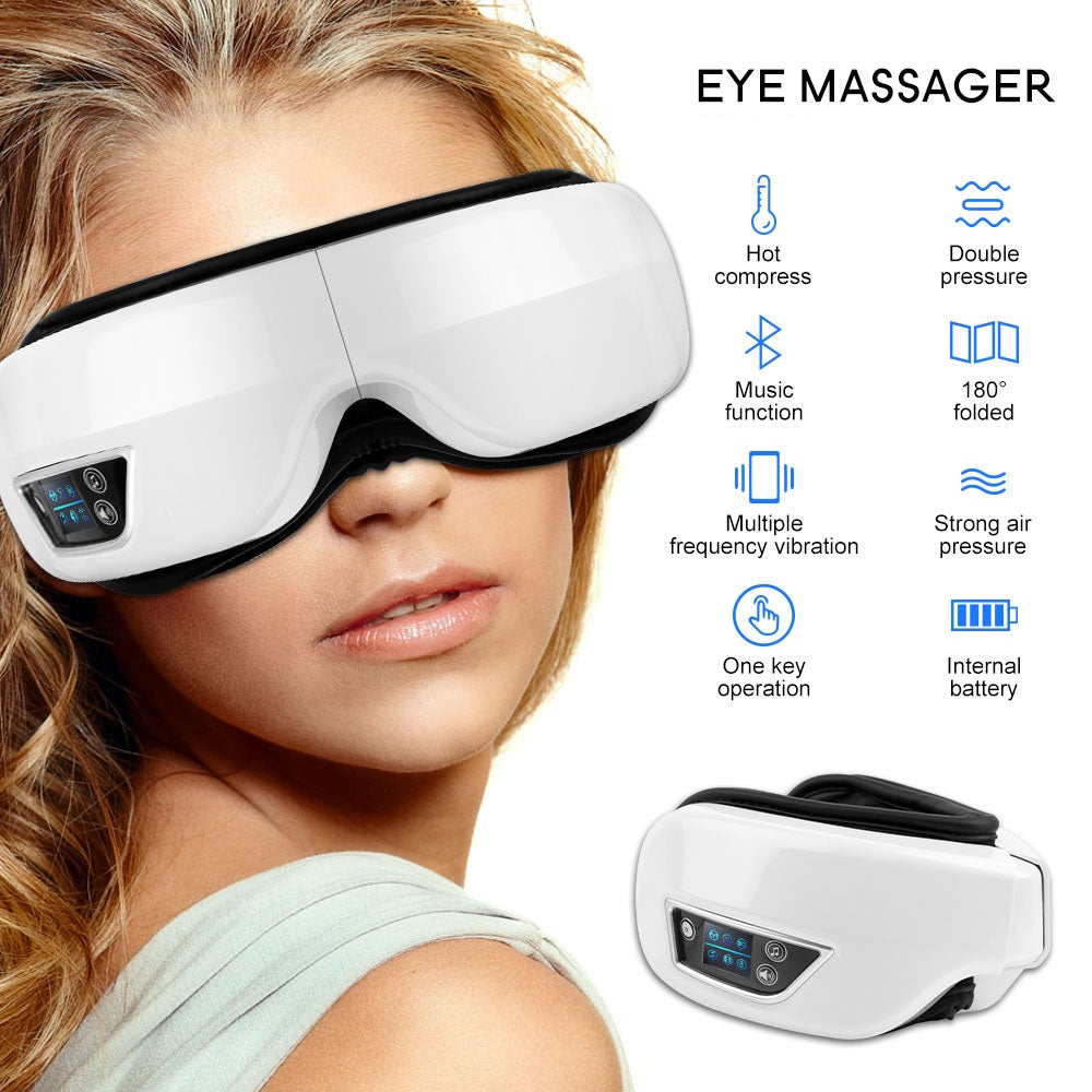Woman wearing a sleek white Fitlybuy 4D Eye Massager featuring air compression, heat, and music connectivity features.