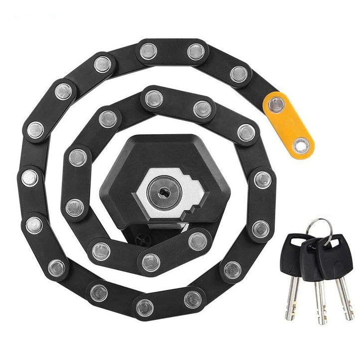 Fitlybuy SafeRide foldable heavy-duty black bike lock with steel chain links, central lock, and three silver keys.