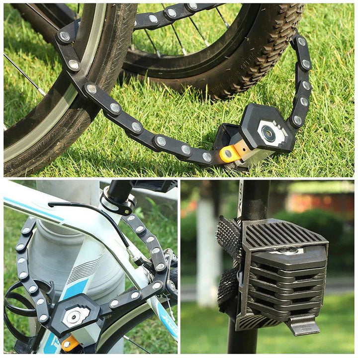 Fitlybuy foldable black heavy-duty anti-theft bike lock securing a tire and frame, shown mounted on a bicycle.