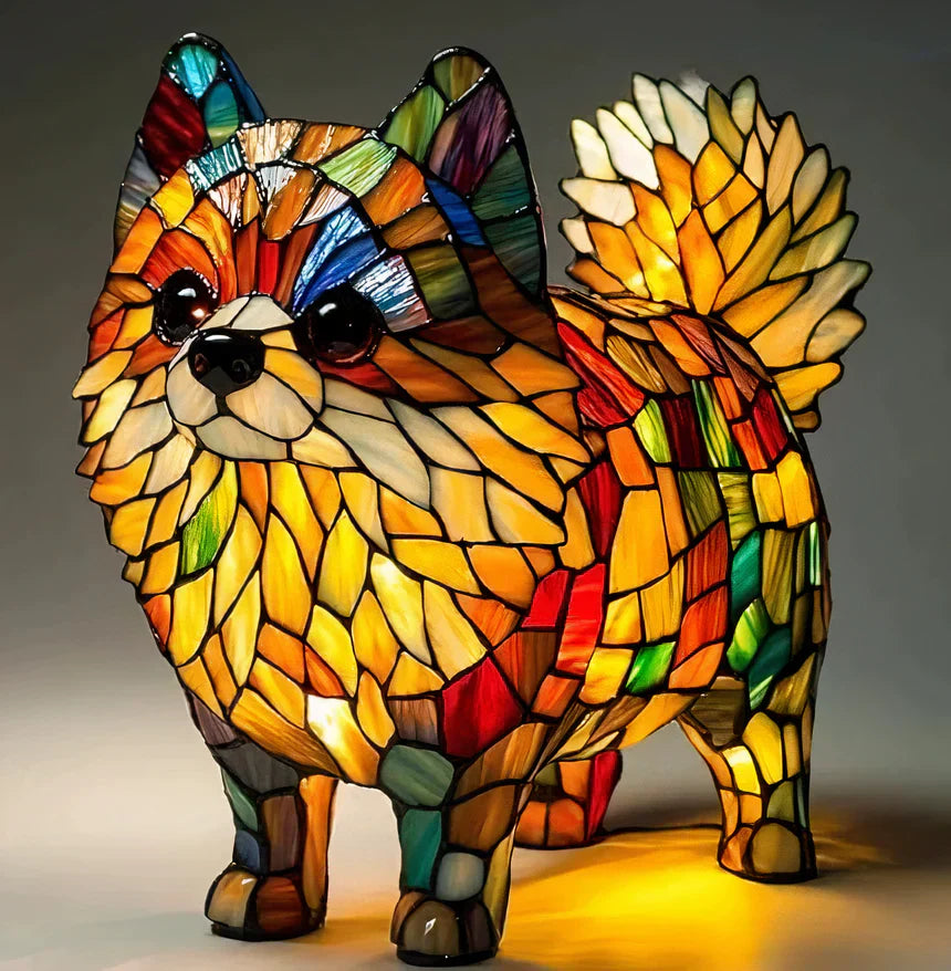 Fitlybuy GlowPaw dog lamp: colorful, handmade stained-glass style acrylic Pomeranian dog figurine with warm LED light.