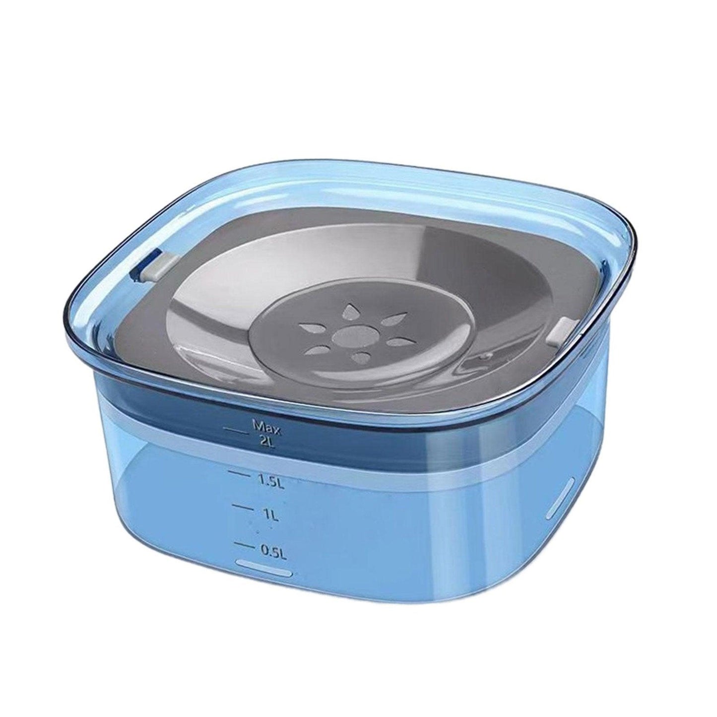Blue transparent anti-spill pet water bowl with gray floating disk, measurement markings, and 2L capacity.