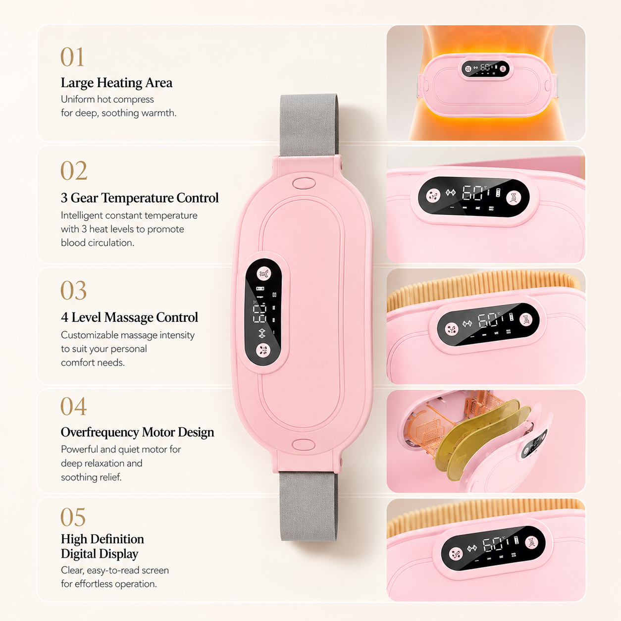 Fitlybuy pink menstrual relief pad featuring heat and massage settings with a digital display, worn around the waist.