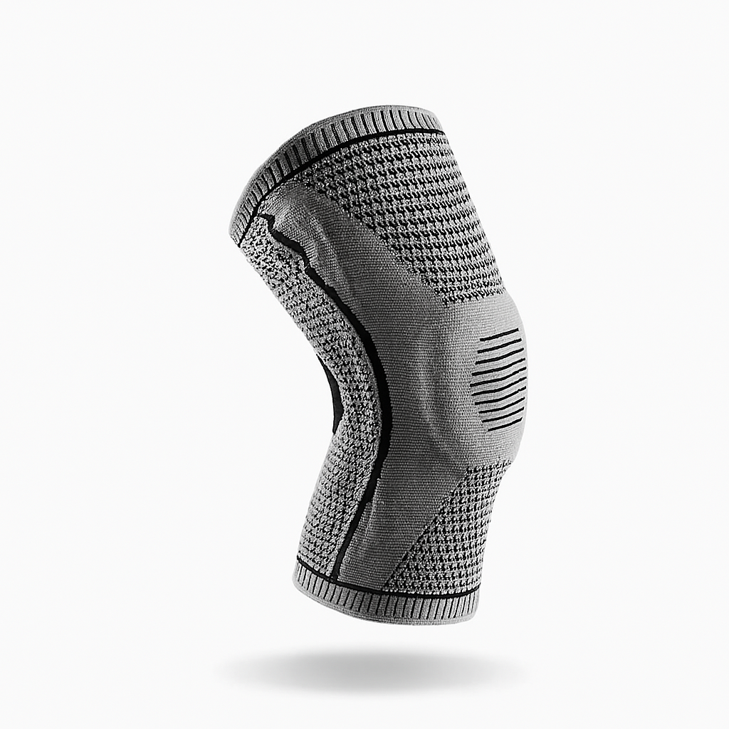 Fitlybuy grey compression knee brace with textured knit fabric, contoured fit, and stabilization support on white.