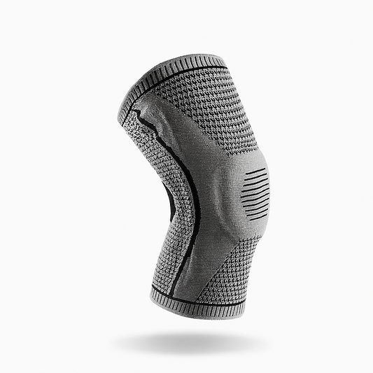 Fitlybuy grey compression knee brace with textured knit fabric, contoured fit, and stabilization support on white.